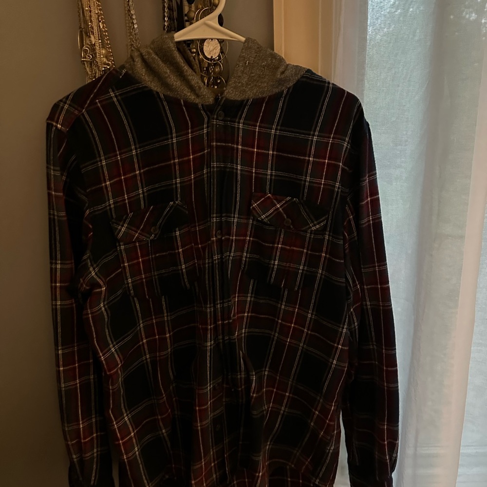 Men's plaid button up flannel with hoodie size medium